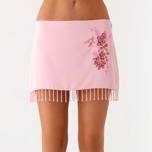 Peppermayo Light Pink Mini Skirt with Floral Embroidery and Fringe